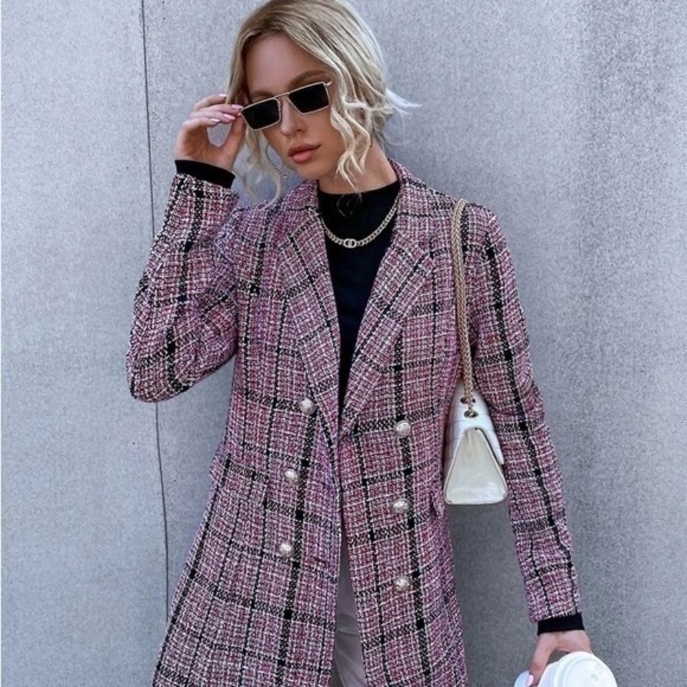 Plm Womens Jacket Coat Red Tweed Plaid Buttons Double Breasted Collar M New